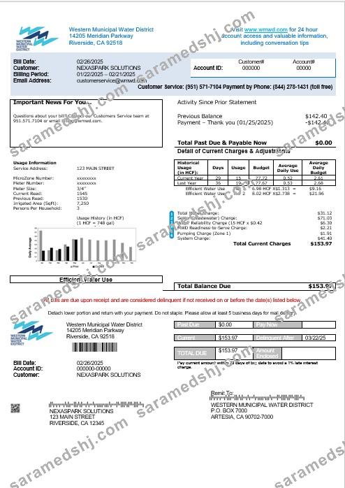USA Western Municipal Water District business utility bill template in Word and PDF formats